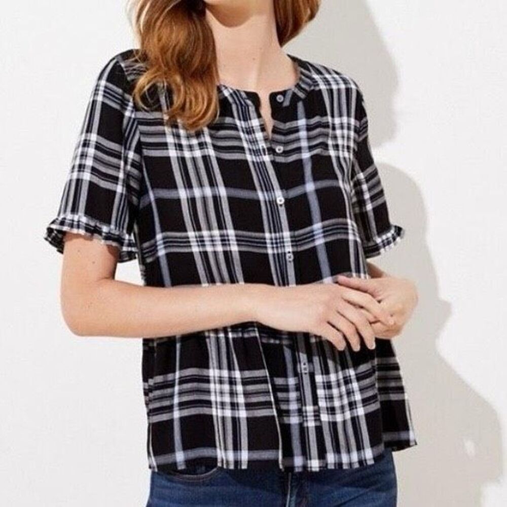 Loft Black White Plaid Peplum Blouse Medium Ruffle Sleeve Button Up